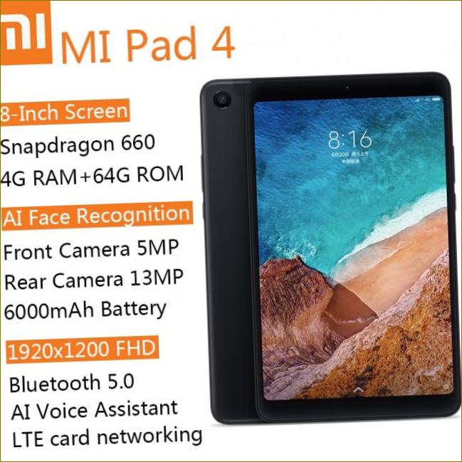 Tablet Xiaomi MI Pad 4, 8,0 cm, Android, Wi Fi, LTE, 4 Gb, 64 GB, HD zaslon, 6000 mah, MIUI 9,0, Snapdragon 660 Core 8, tablet PC|Tablet| | 