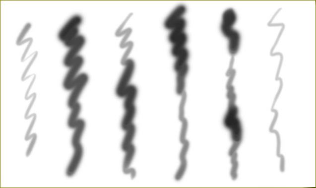 Šest zakrivljenih linija stvorenih istim kistom u A-line koristeći različite pritiske